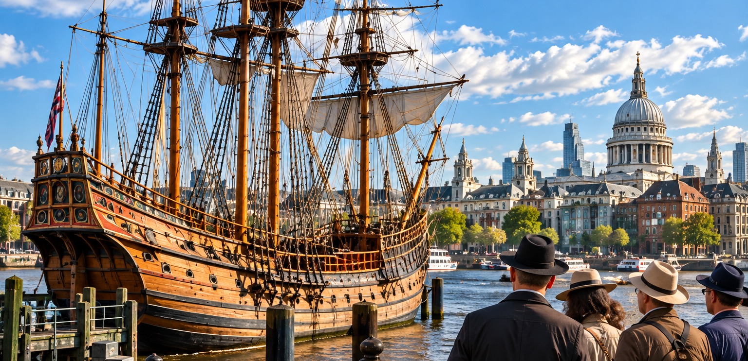 Historic sailing ship on the Thames with London skyline